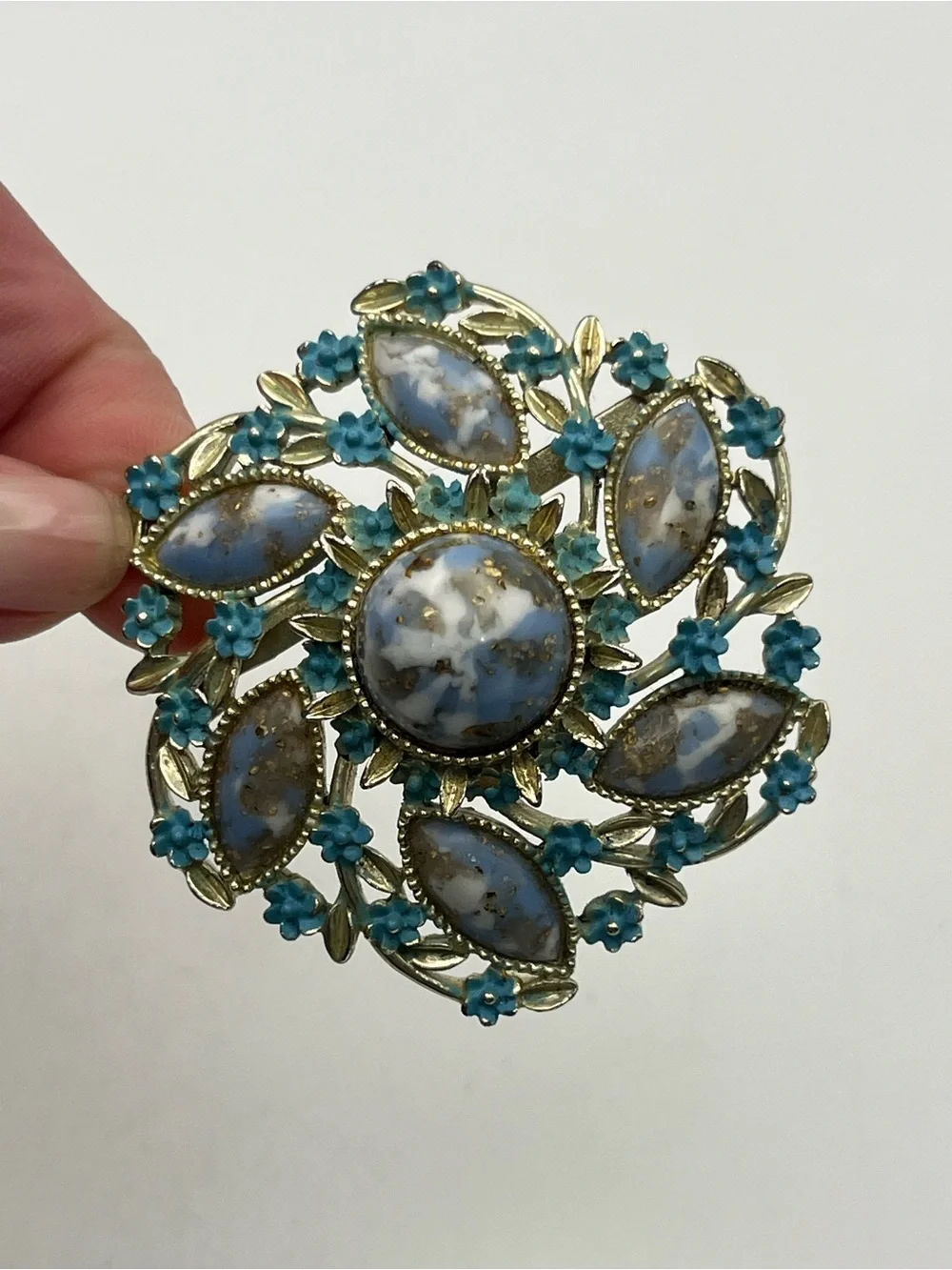 Blue faux stone cabochon painted enamel flower gold tone brooch pin vintage